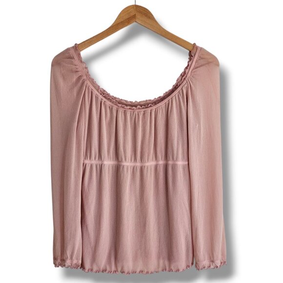 Y2K 90s Guess Babydoll Peasant Top Womens M Pink Mesh Semi-Sheer Ruffle Fairy - Picture 9 of 10